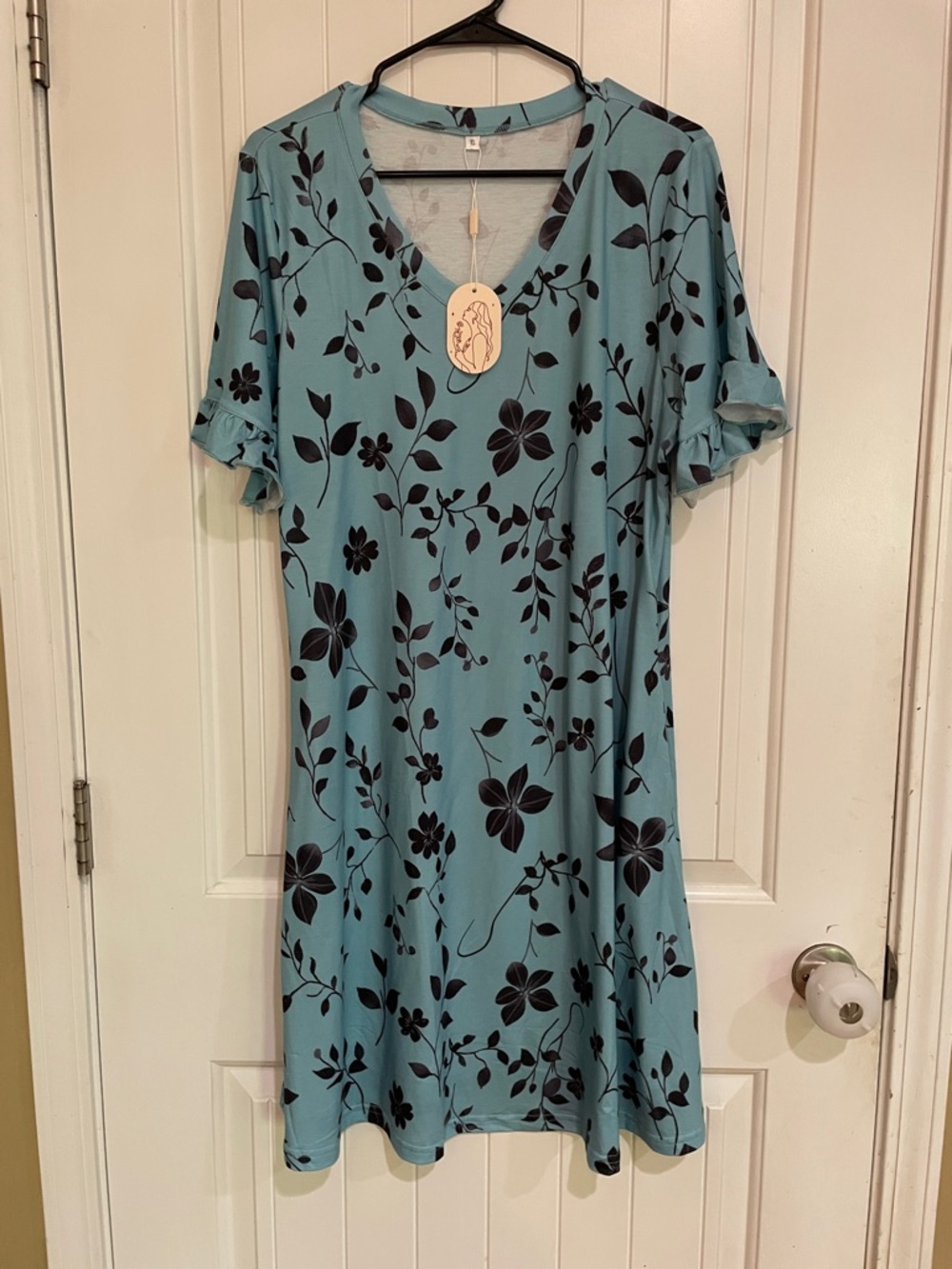 Blue Floral V-Neck Short Sleeve Dress